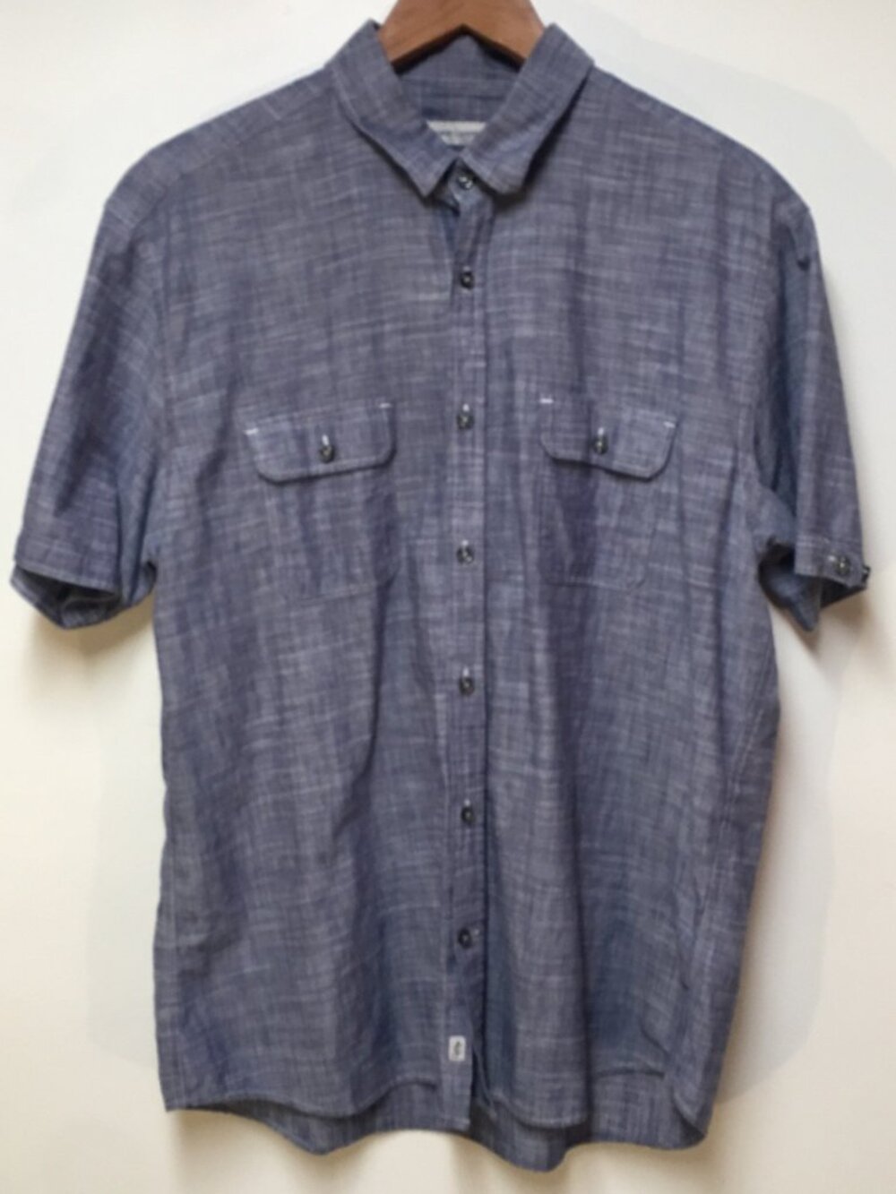 James Campbell Men L Shirt Blue Chambray Button Up Short Sleeve Preppy Cotton